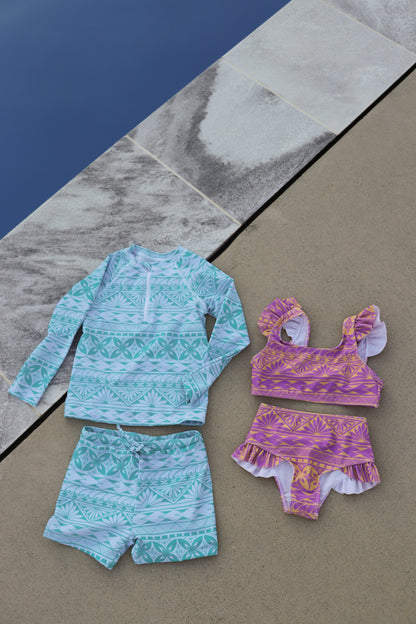 Maillots de bain anti-UV deux pièces bébé turquoise et violet aux motifs polynésiens
